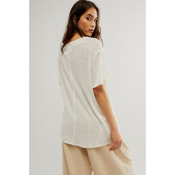 Free People We Are Free All We Need Tee XS NWT Oversized Linen Cotton V Neck - Picture 3 of 11